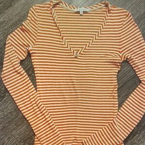 Patrizia Pepe Orange & White Striped V-Neck Long Sleeve Top